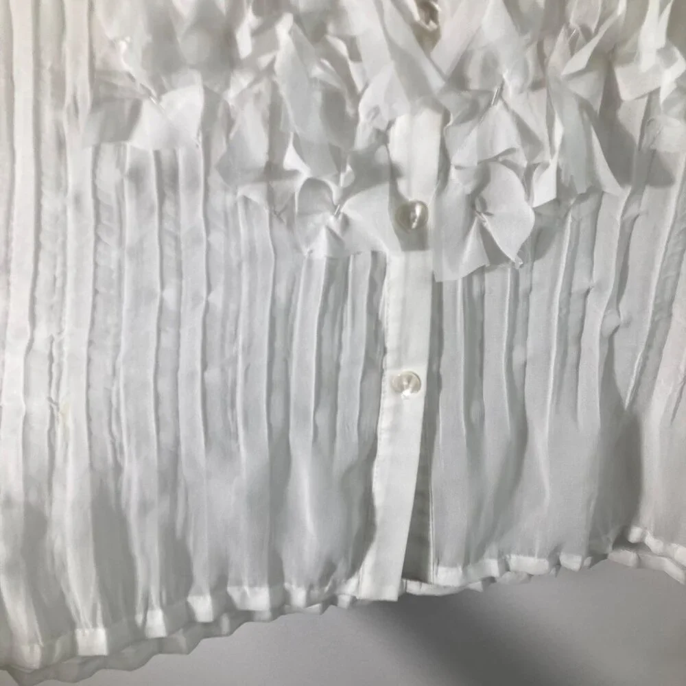 Womens Vintage Notations Crinkle Bow Bead‎ Button Shirt Bell Sleeve M White - Picture 7 of 9